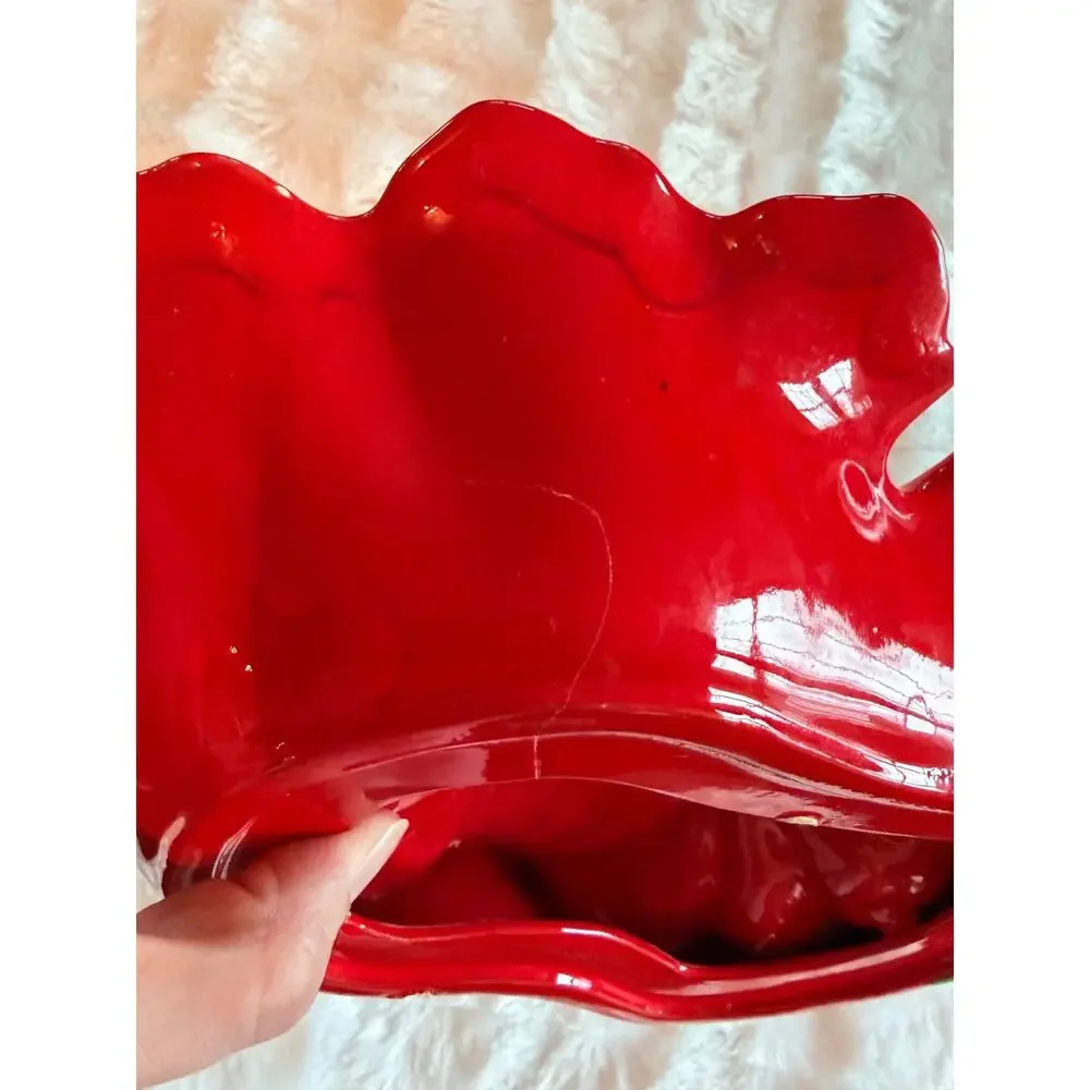 Vibrant Red Lobster Shell Ceramic Divided Serving Dish Coastal Decor Sea Life